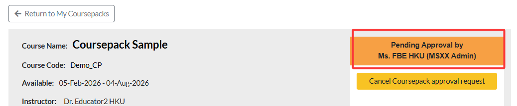 coursepack status changes to pending approval